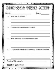 Student Behavior Reflection Sheet