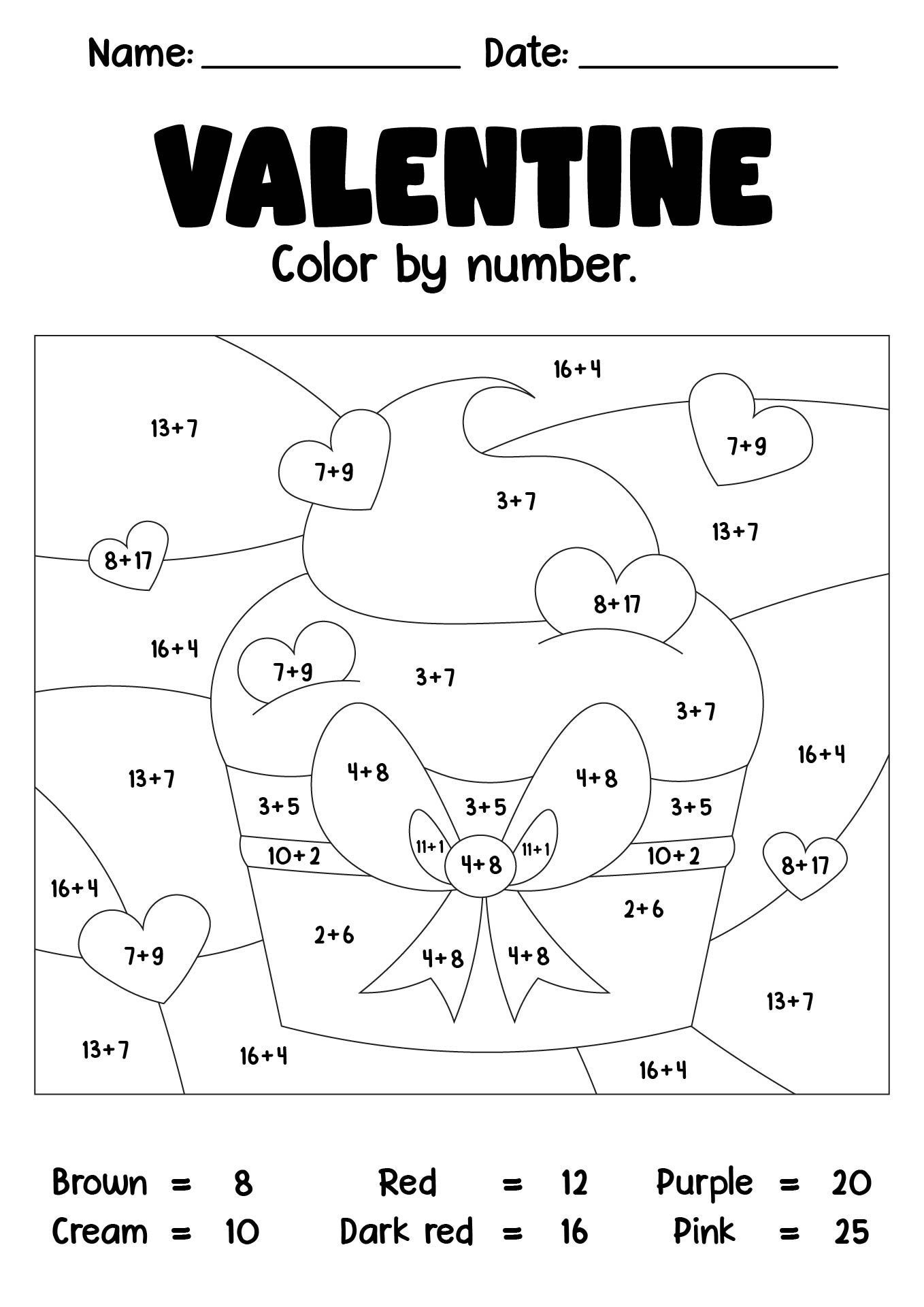 Valentines Day Color by Number Worksheets