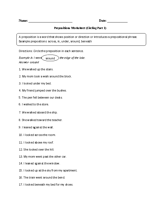 5th Grade Prepositions Worksheets