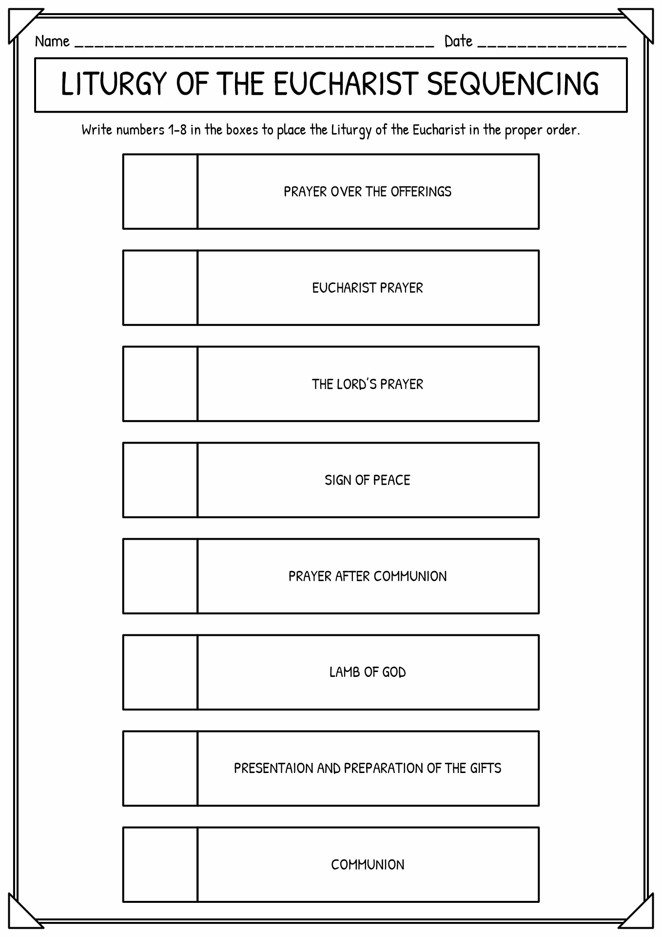 Catholic Mass Parts in Order Worksheet