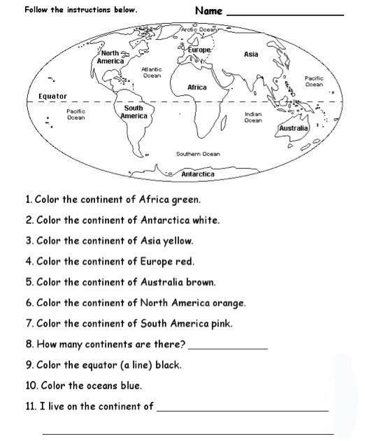 Continents and Oceans Worksheets 2nd Grade