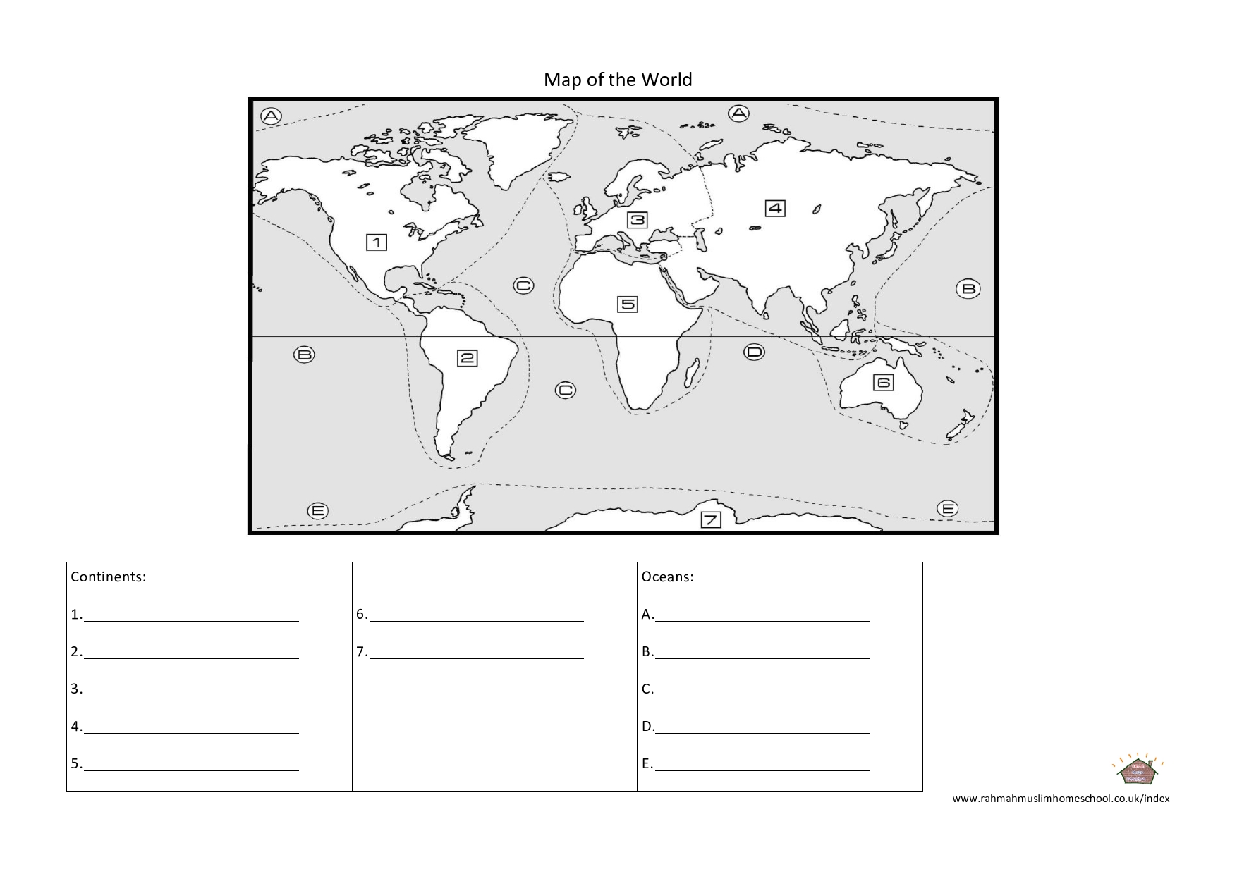 Continents and Oceans Worksheets Geography