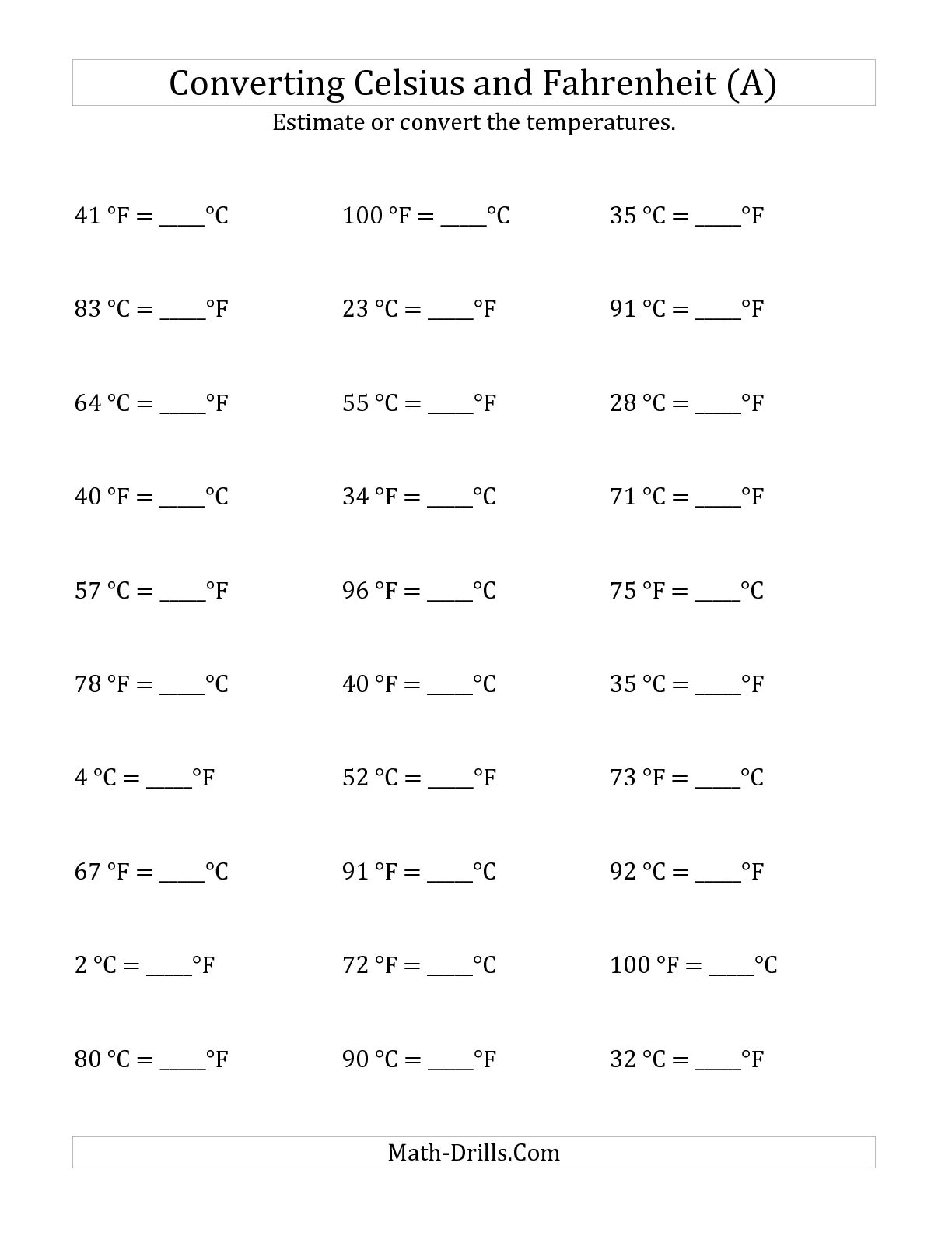 Converting Celsius and Fahrenheit Worksheet