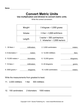 Converting Metric Units Worksheet