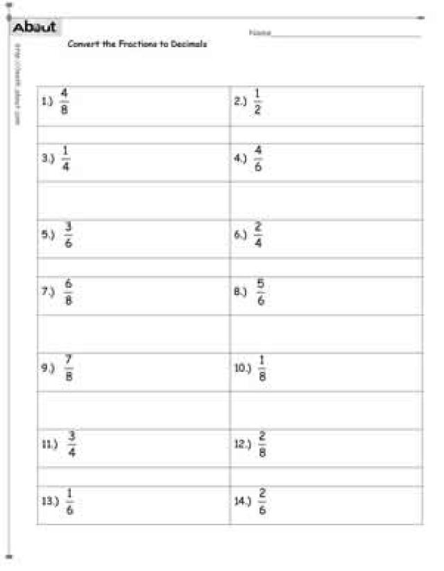 Fractions to Decimals Worksheets