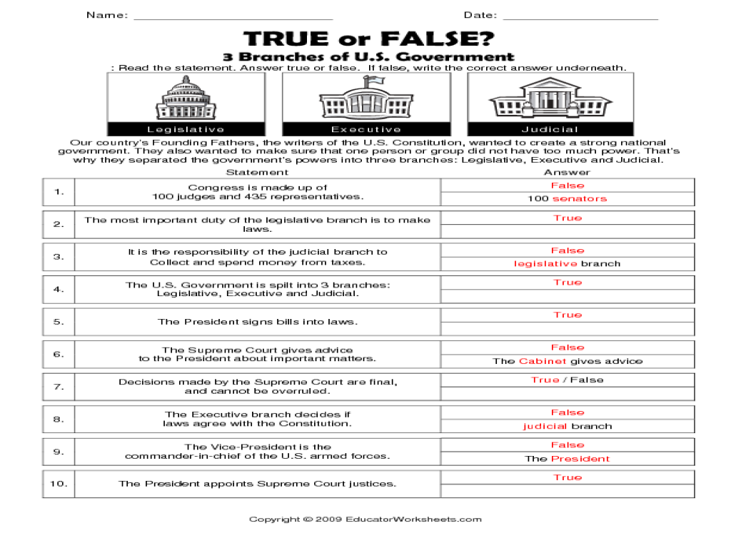 Three Government Branches Worksheet 8th Grade