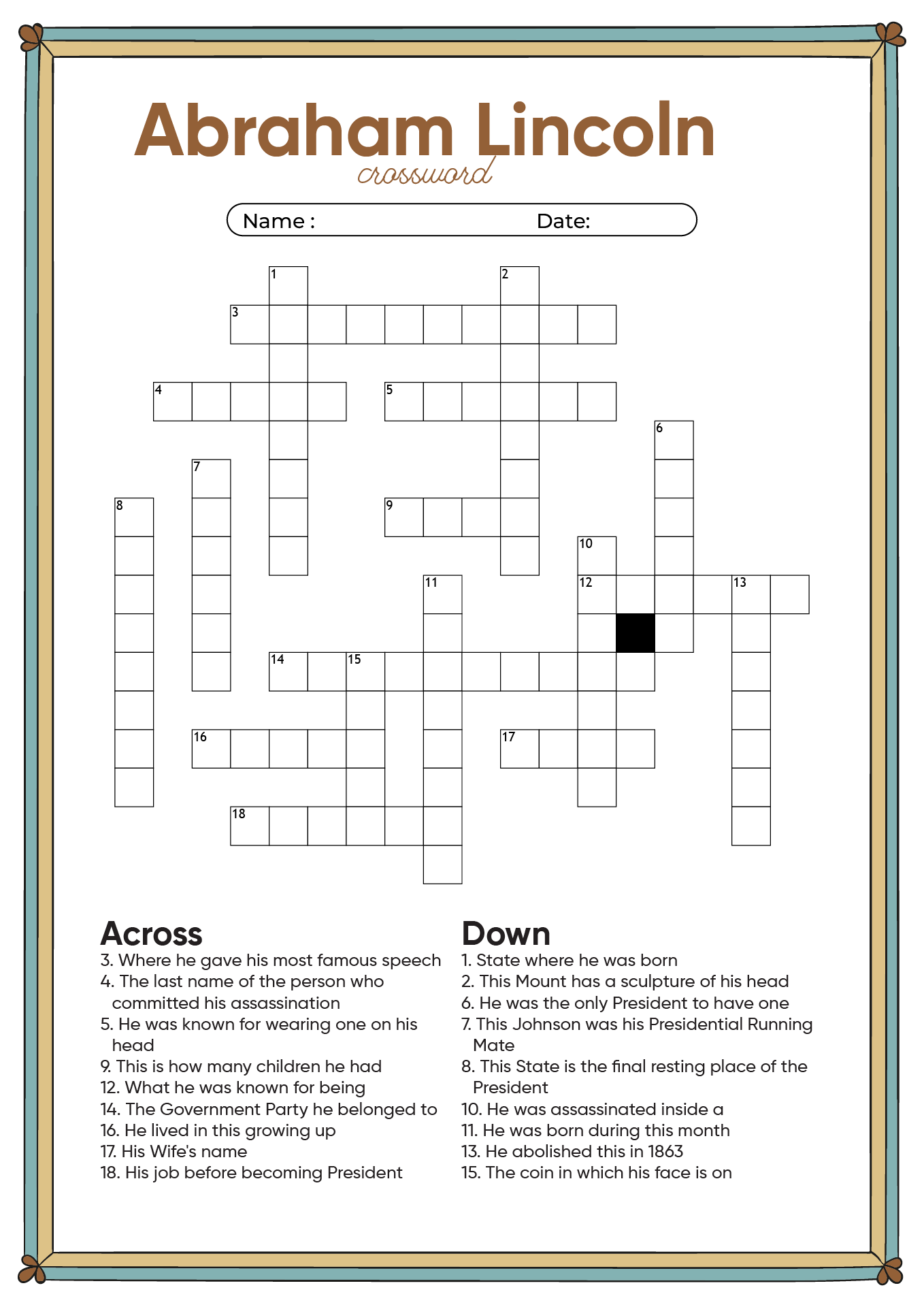 Abraham Lincoln Crossword Puzzle Printable