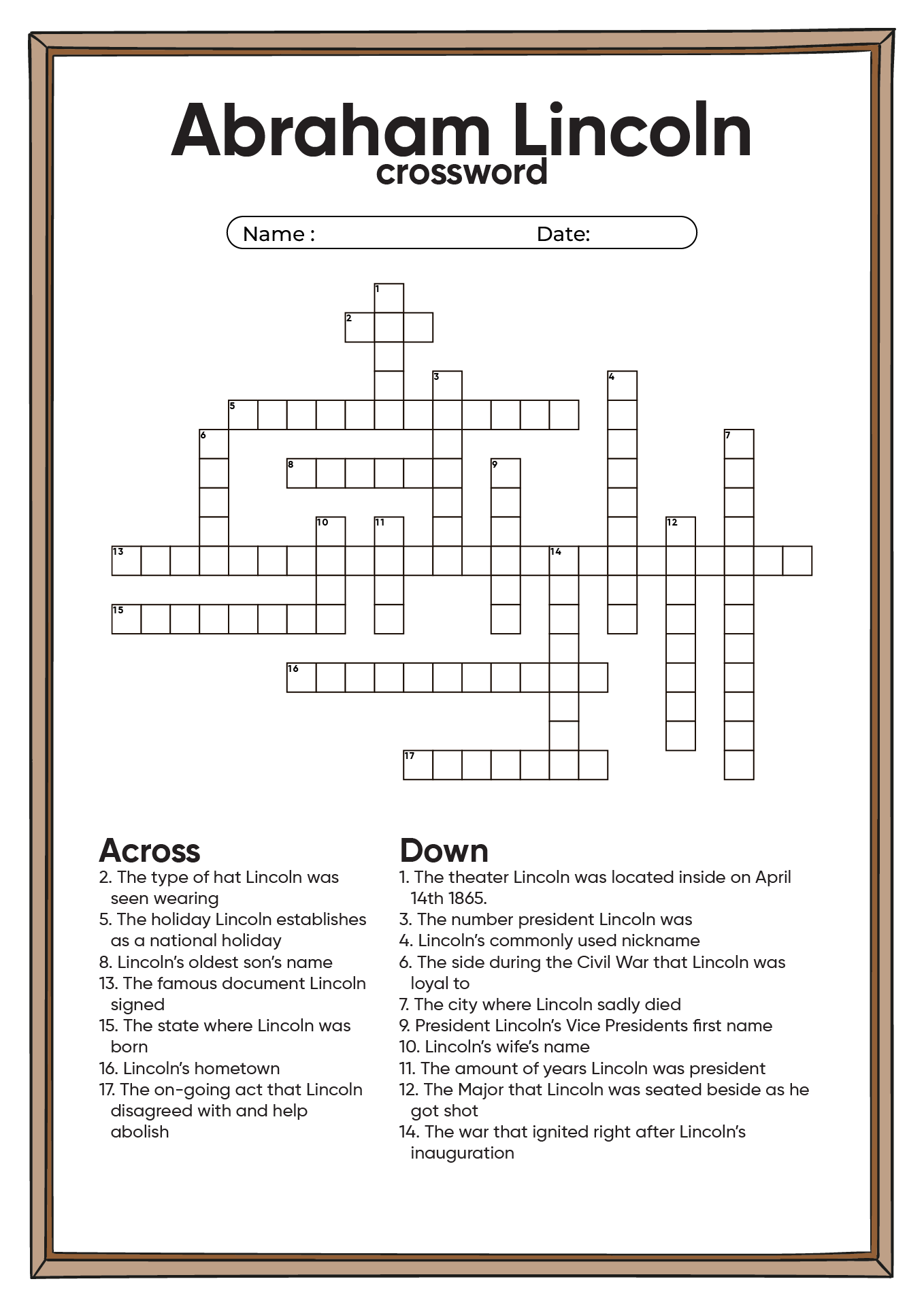 Abraham Lincoln Crossword Puzzle Printable