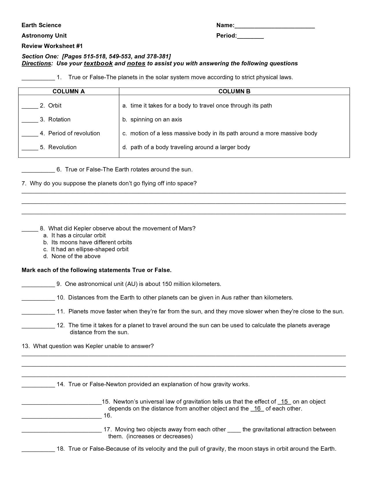 Earth Science Worksheets High School