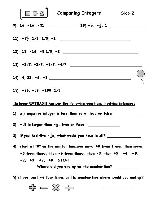 Integer Greater than Less Worksheets