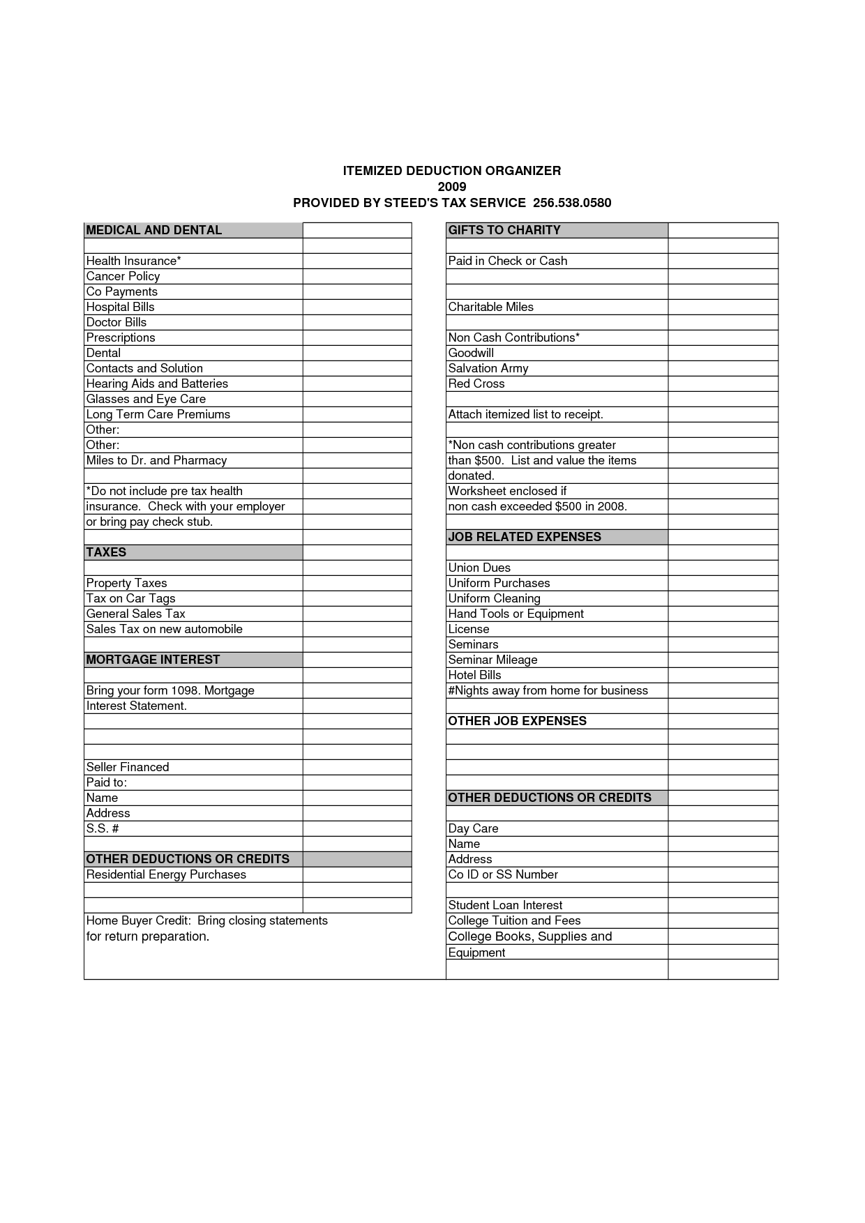 List Itemized Tax Deductions Worksheet