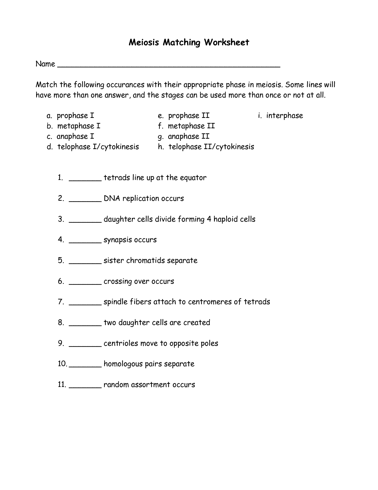 Meiosis Matching Worksheet Answer Key