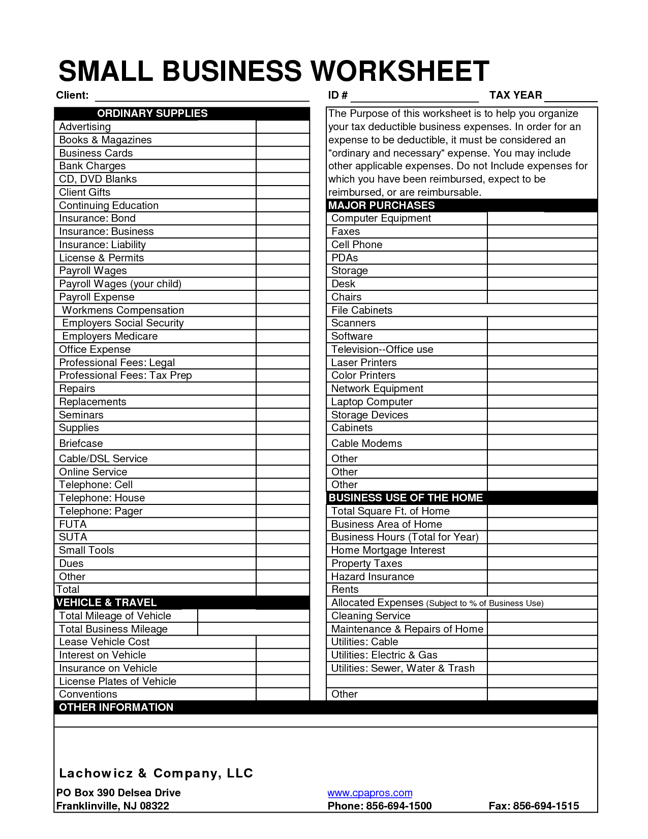 Small Business Tax Deduction Worksheet