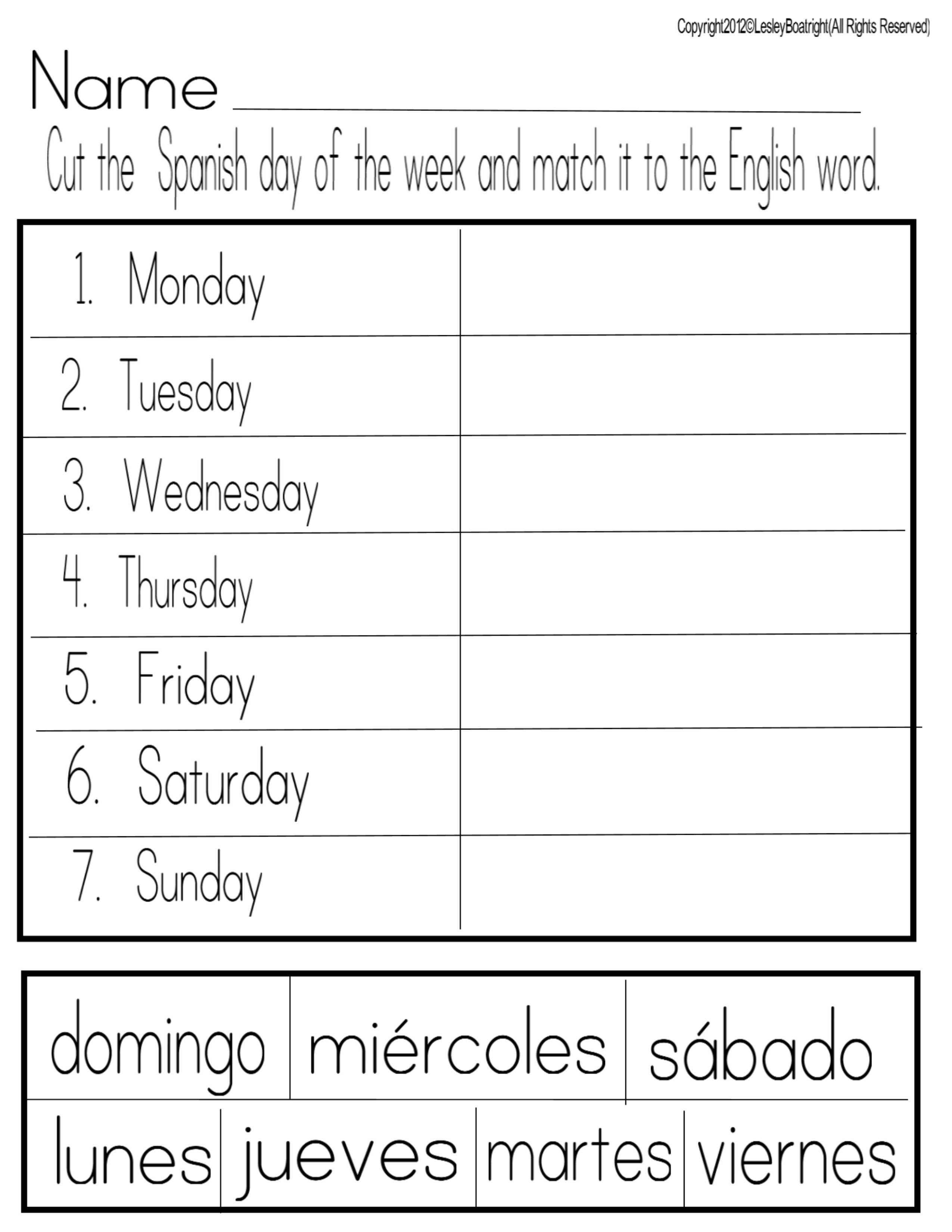 Spanish Days of the Week Worksheets Printable