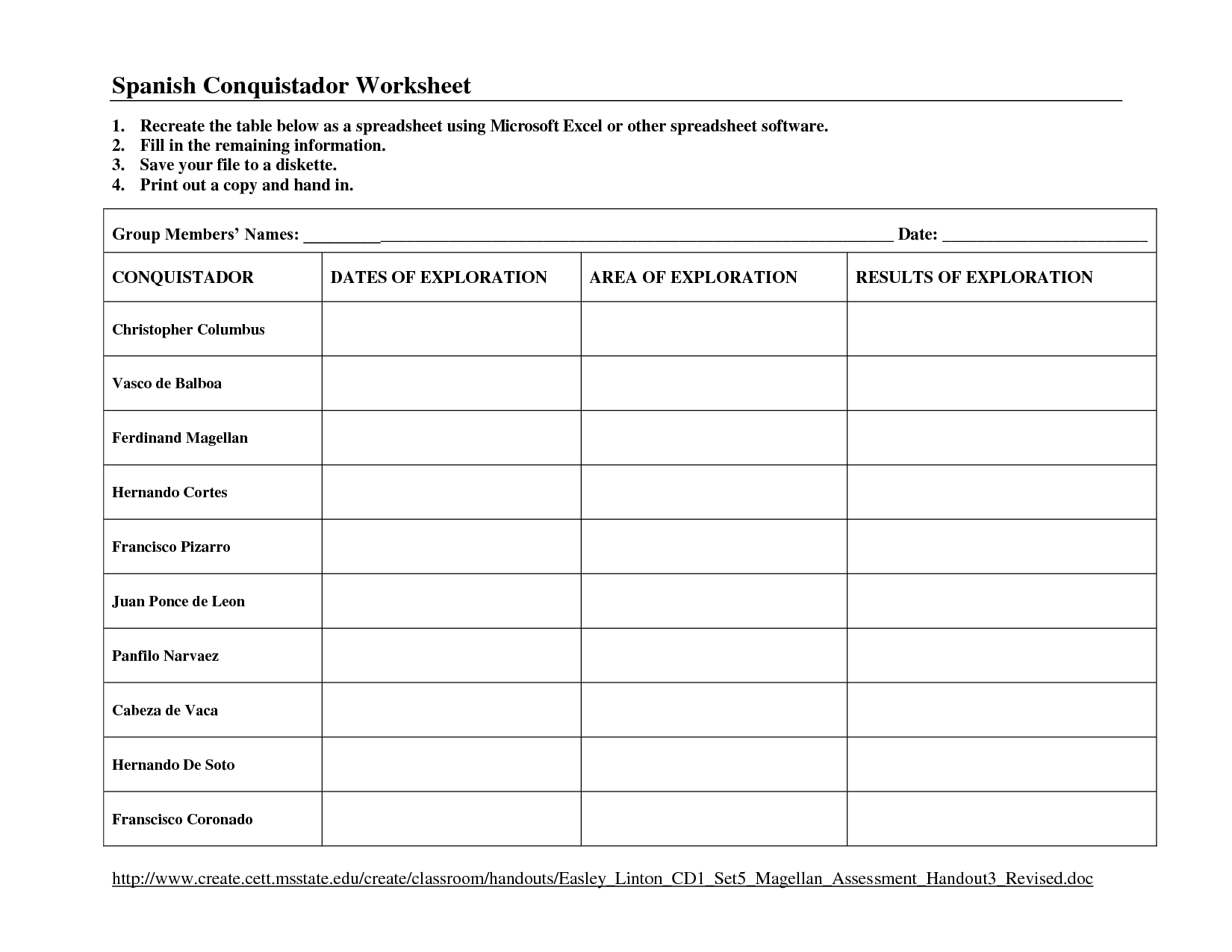 Spanish Exploration Worksheet