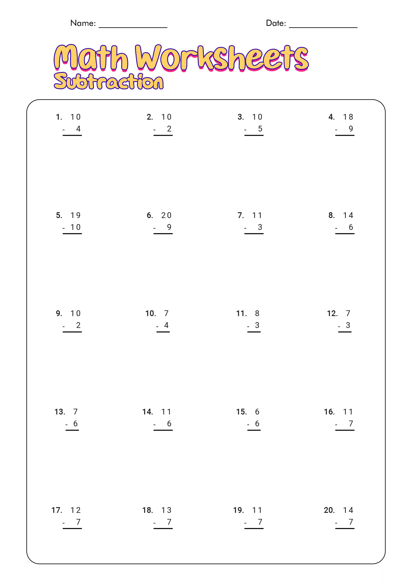 Math Subtraction Worksheets 5C0