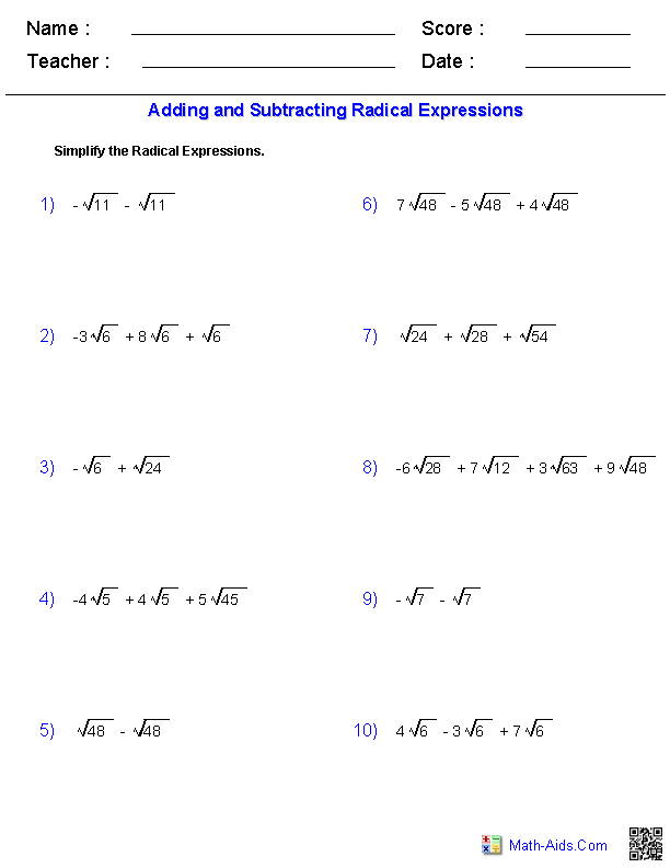 Adding and Subtracting Radicals Worksheet