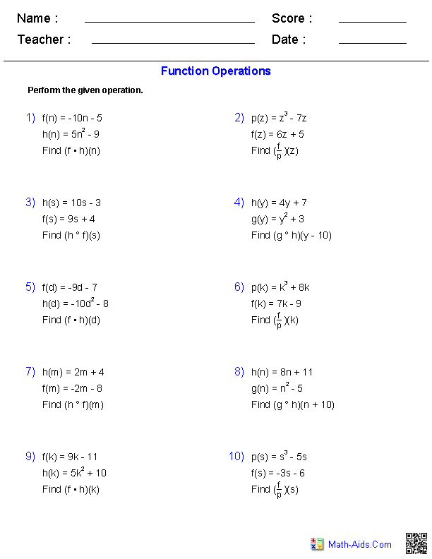 Algebra 2 Function Operations Worksheet