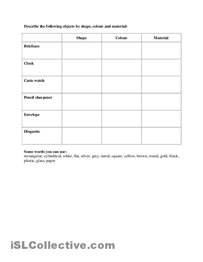 Describing Properties of Objects Worksheet