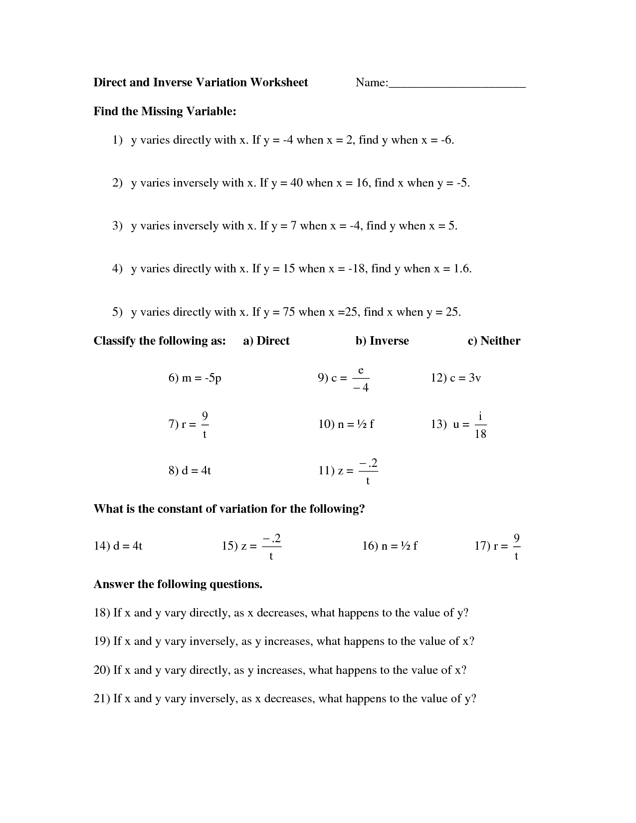 Direct and Inverse Variation Worksheet Answers