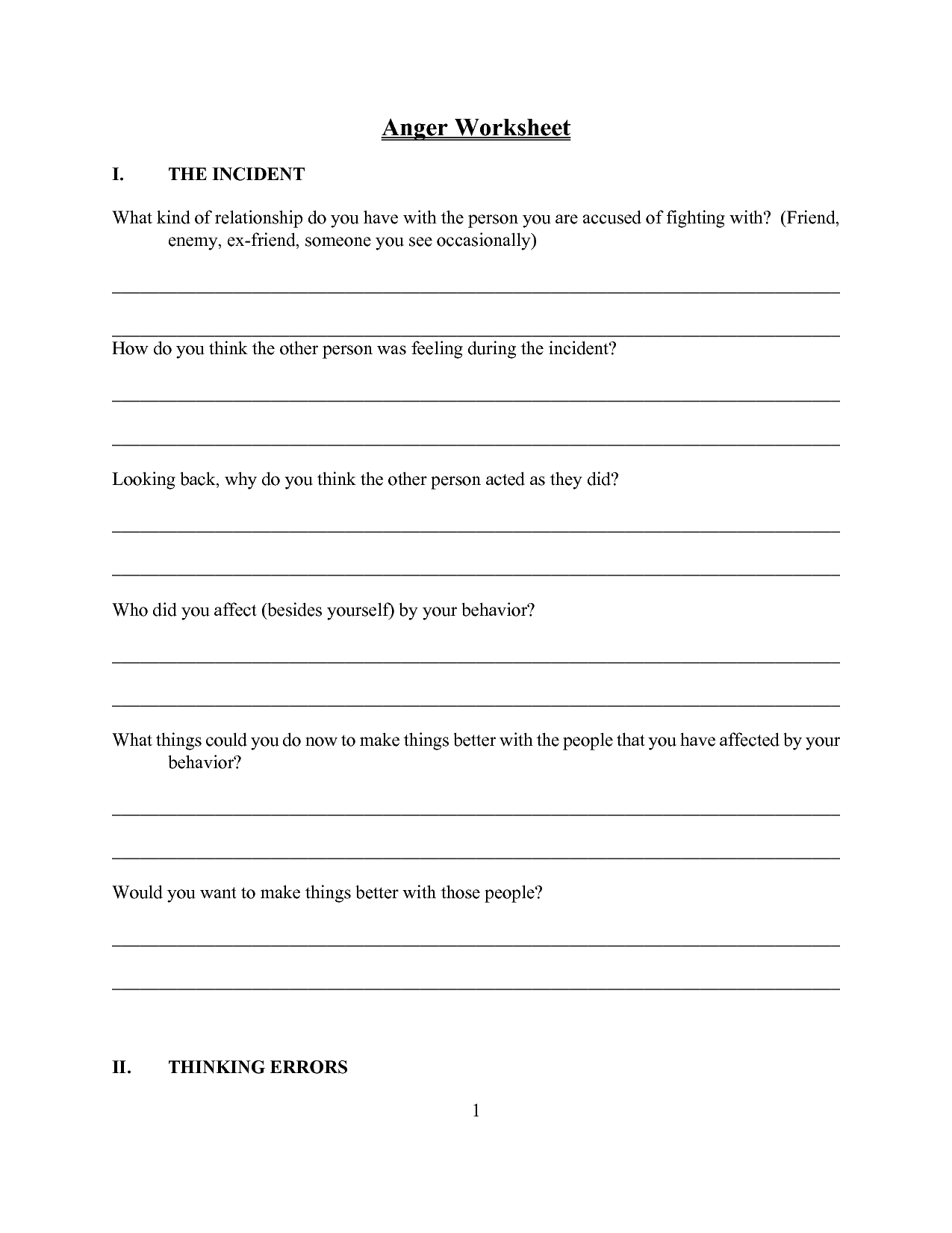 Positive Anger Worksheets for Adults