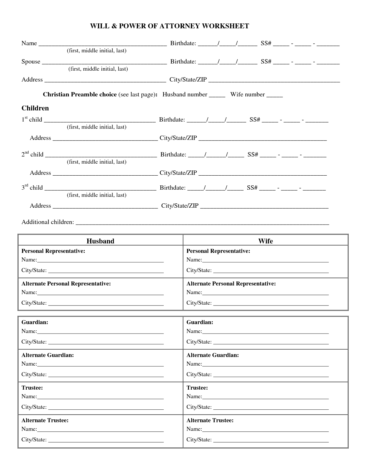 Power of Attorney Worksheet