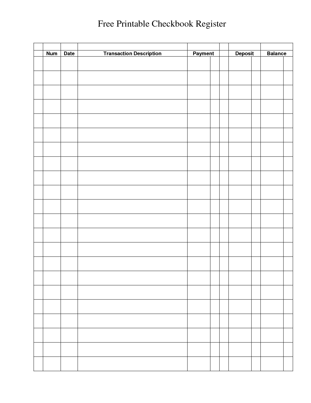 Printable Blank Check Register for Checkbook