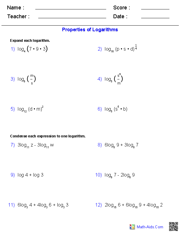 Properties of Logarithms Algebra 2 Worksheet Answers