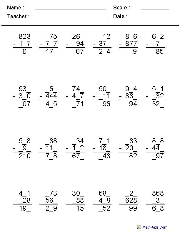 Subtraction Worksheets Missing Numbers