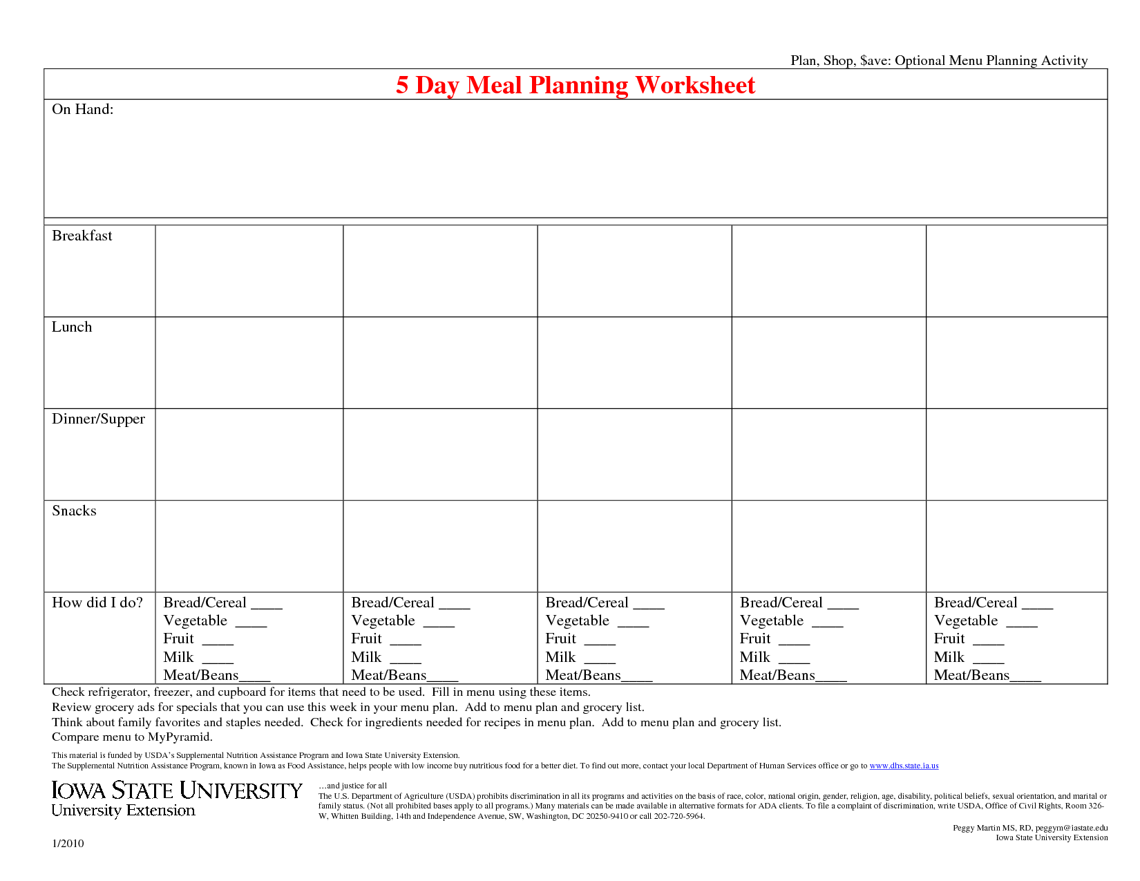 5 Day Meal Planner Worksheet