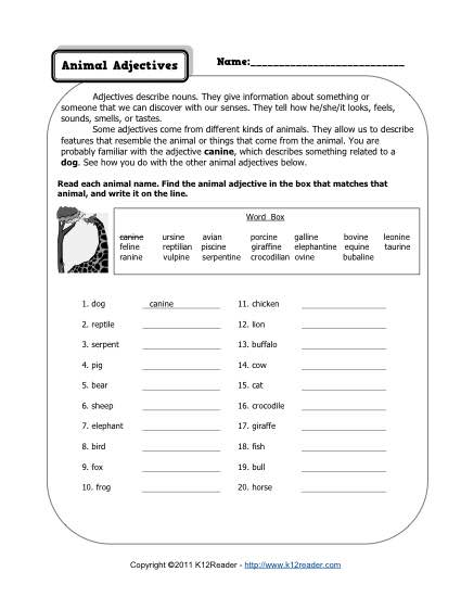 Adjective Worksheets 4th Grade