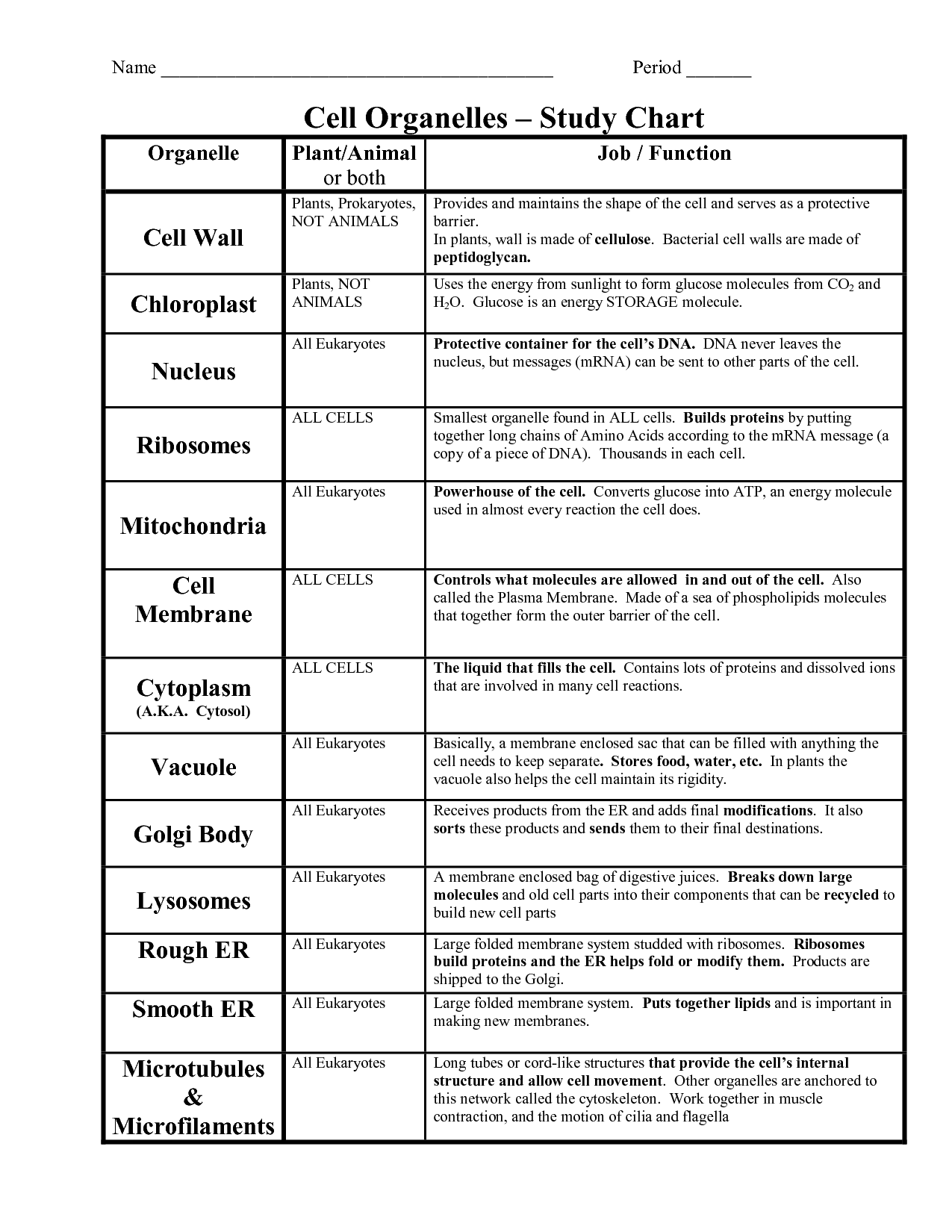 Cell Organelles and Their Functions Chart