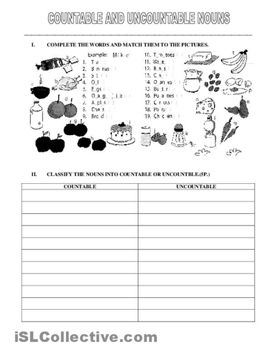 Countable and Uncountable Nouns Worksheets