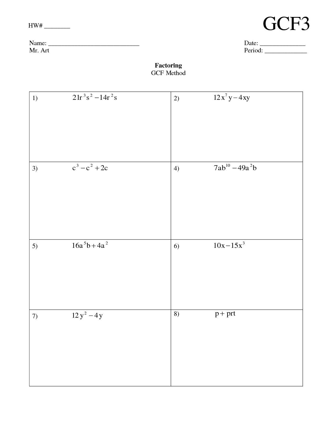 Factoring GCF Worksheet