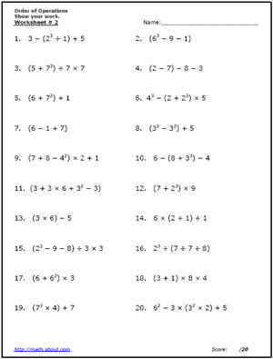 Order of Operations Worksheets 5th