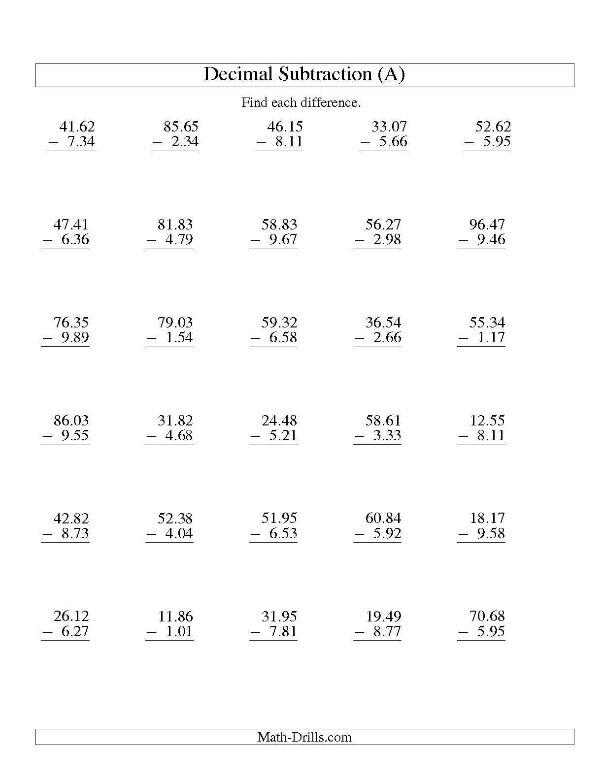 Subtracting Decimals Worksheet