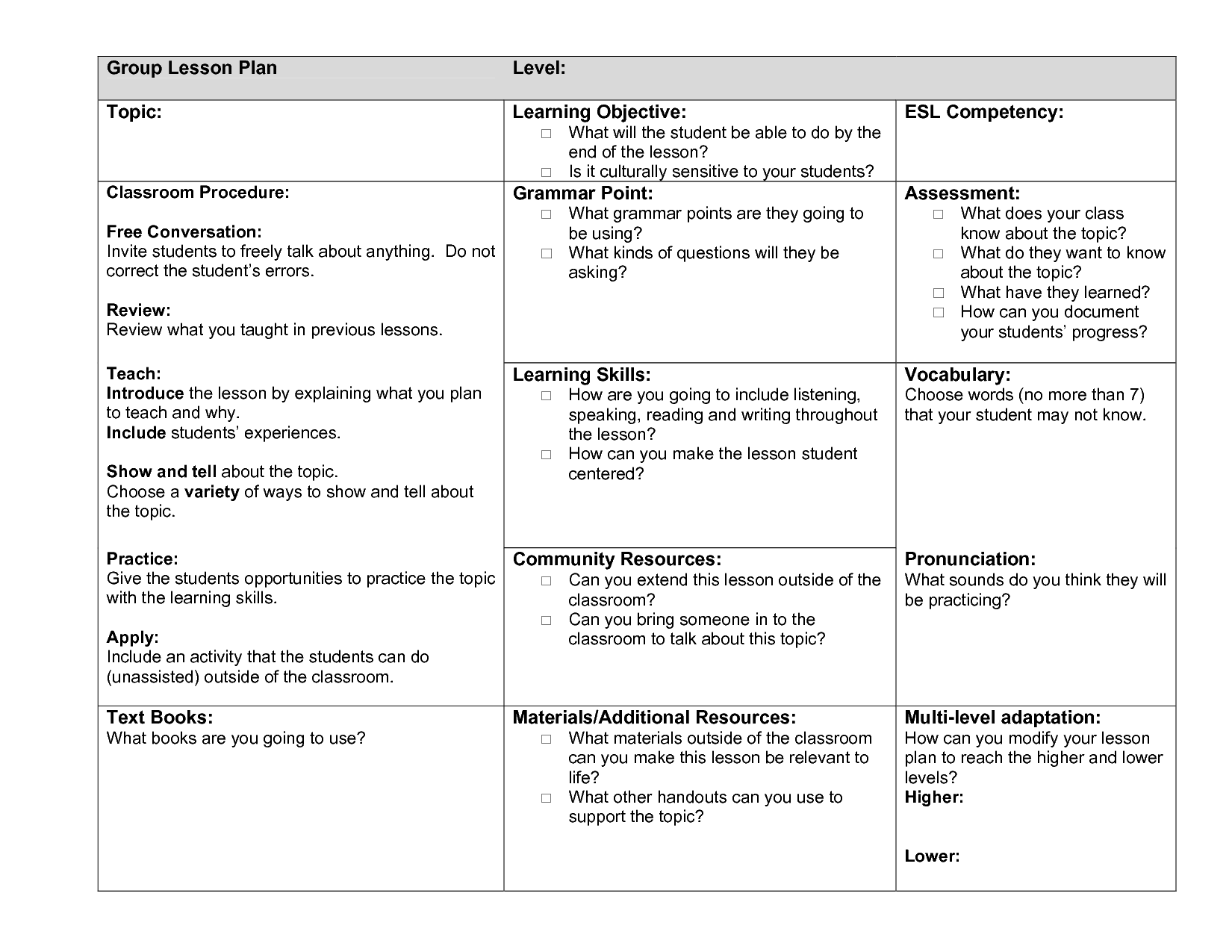 Adult ESL Lesson Plan Template