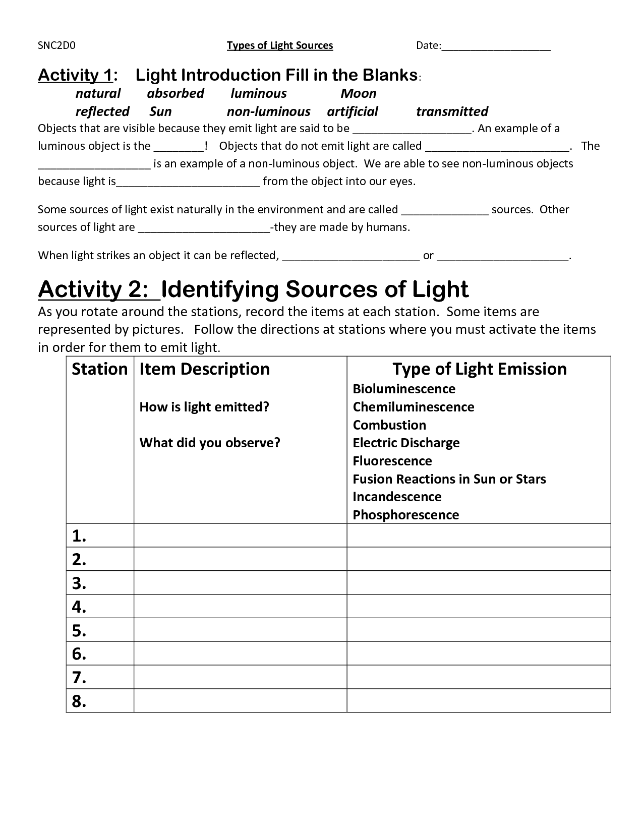 Artificial Light Sources Worksheets