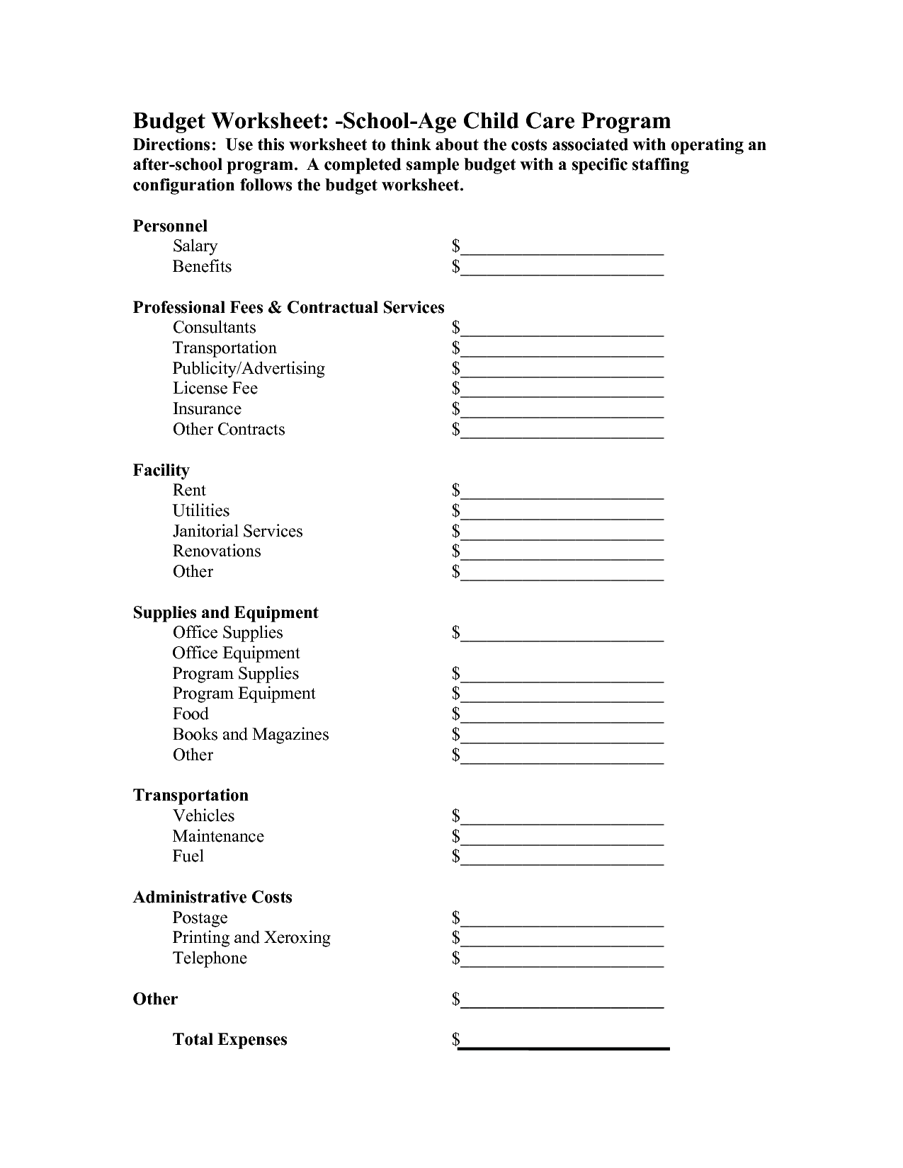 Child Care Budget Worksheet