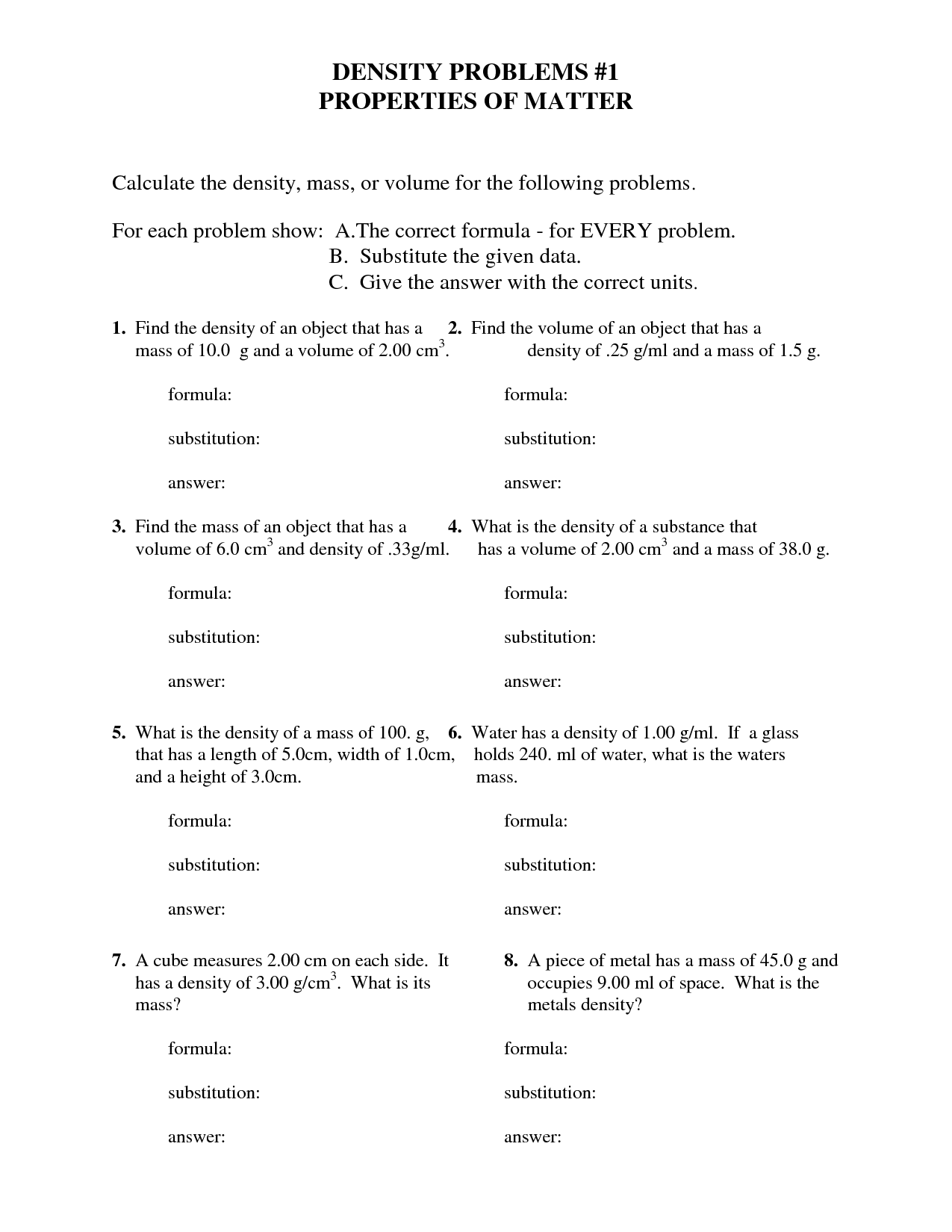 12 Density Worksheet With Answer Key Worksheeto