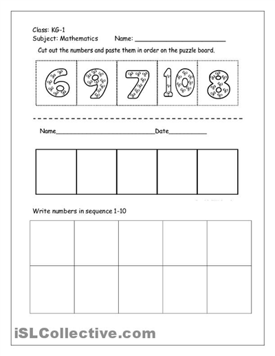 Kindergarten Cut and Paste Numbers Worksheets