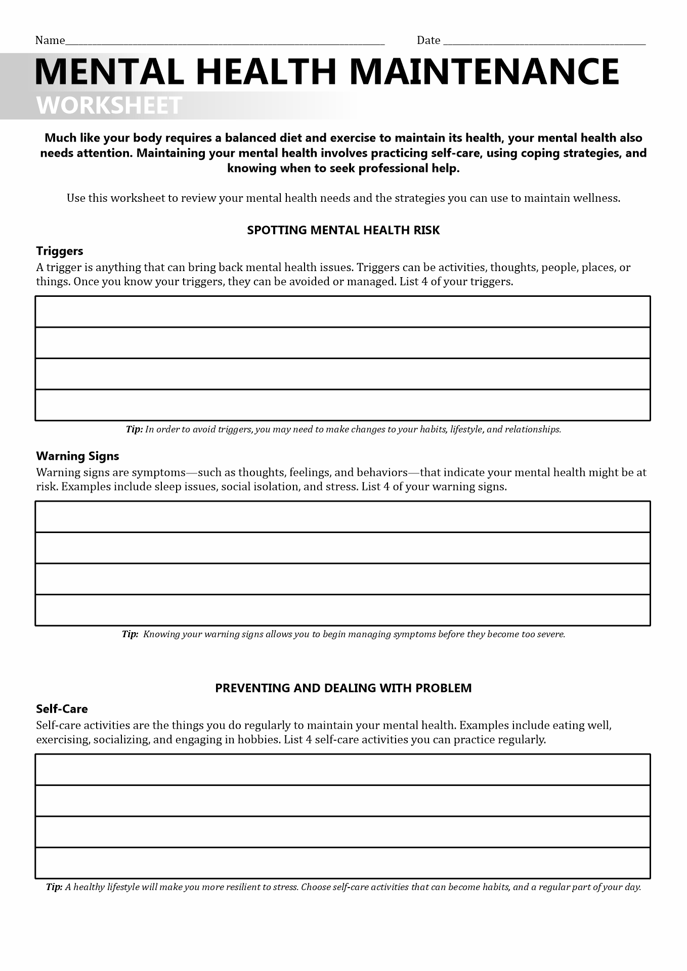 Printable Addiction Recovery Worksheet