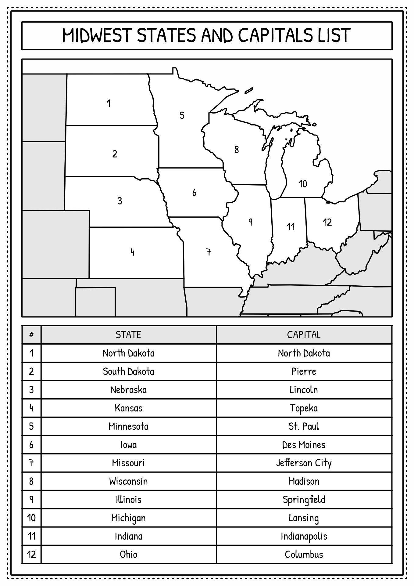 Free Printable Midwest States And Capitals Worksheet Minimalist Blank