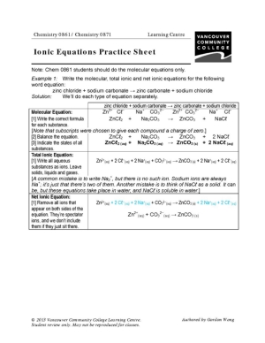 Net Ionic Equations Practice Sheet For