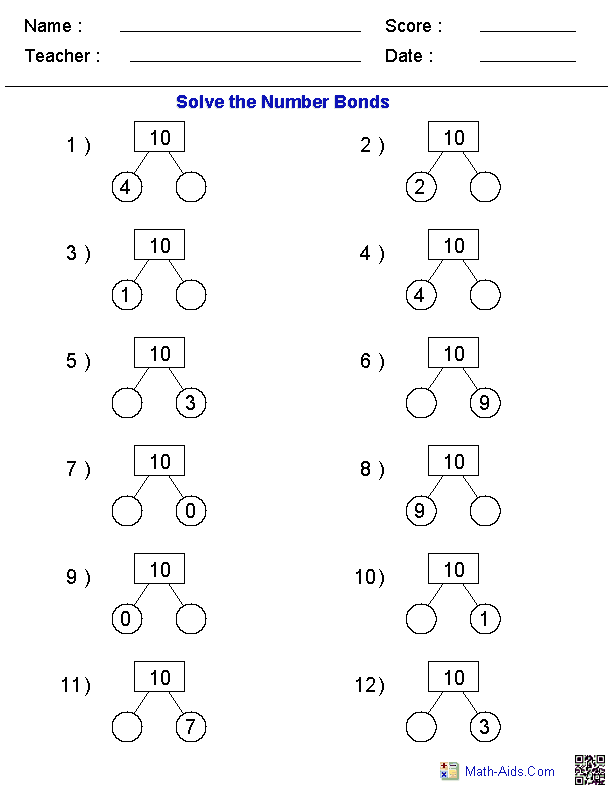 Number Bonds Worksheets