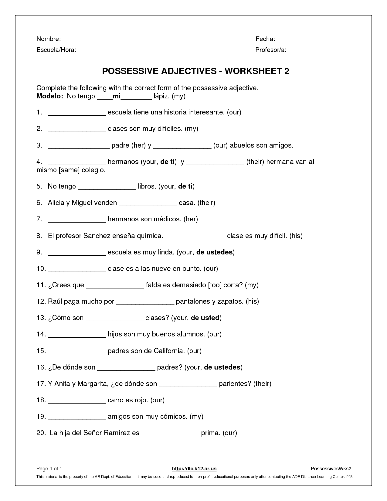 Spanish Possessive Adjectives Worksheet