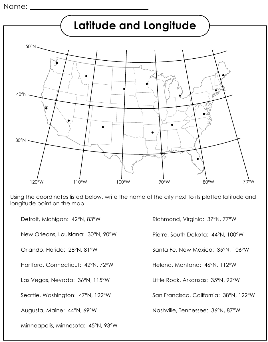 USA Latitude and Longitude Worksheet