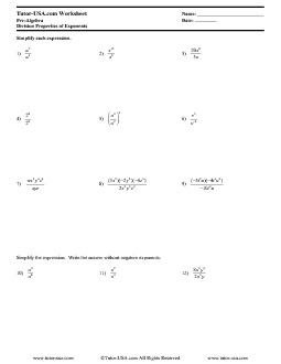 Algebra Exponent Rules Worksheet