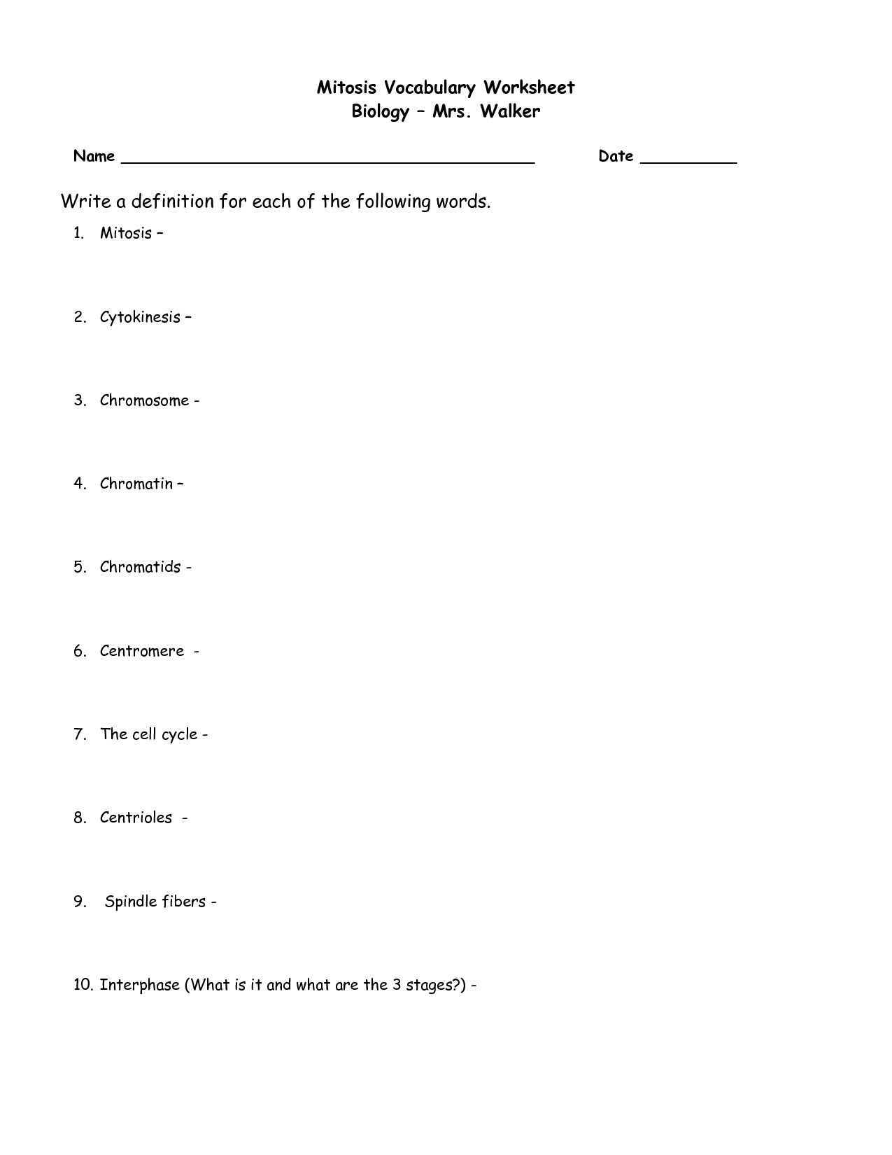 AP Biology Mitosis Worksheets