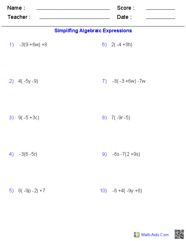 Distributive Property Math Algebra Worksheets